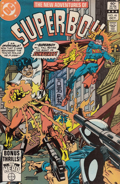 Sunburst stands in the middle of a ruined building, having smacked away Superboy as guns are blazing at him. He says he's invincible now he has rendered the Tokyo Police helpless, Superboy will fall before his might. He wears a white mask covering just his eyes, a red costume with a white cover his chest and yellow gloves and boots